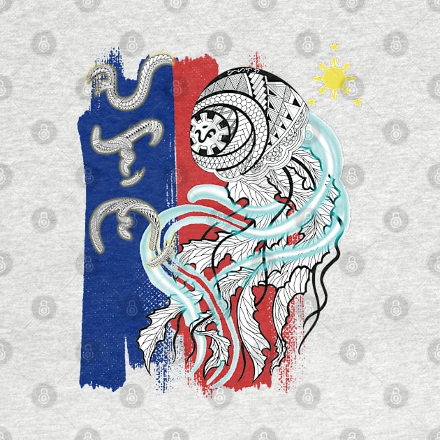 Philippine Flag-Tribal line Art Jellyfish / Baybayin word Alon (Waves) by Pirma Pinas